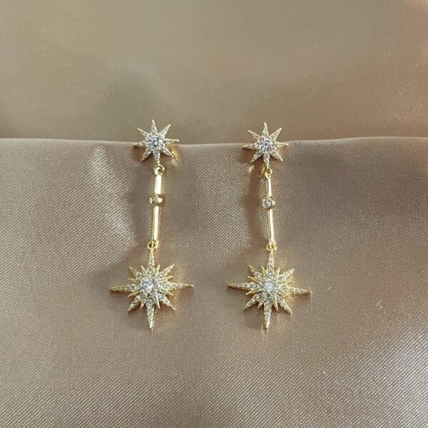 Celestial Star Sun Dangle Earrings | Gold Drop Earrings - Image 2